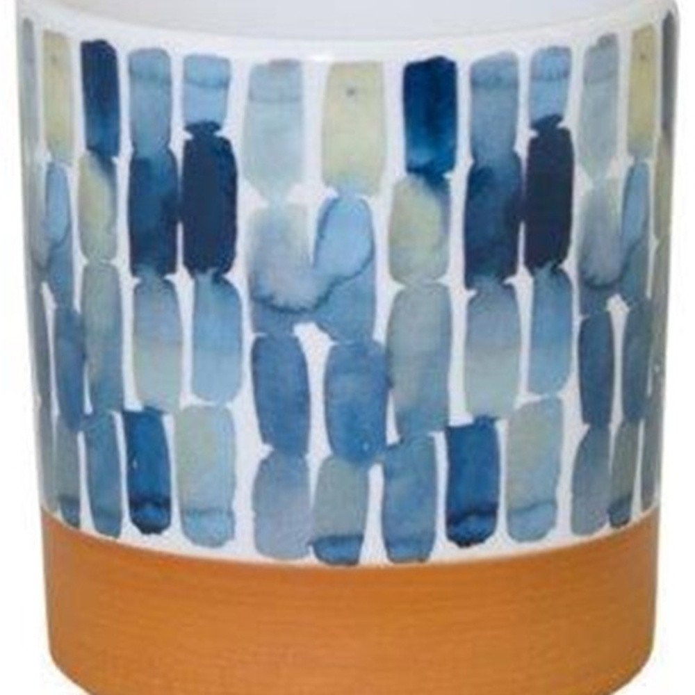Set of Three Blue Terra Cotta And White Ceramic 1 Ounce Geometric Round Pot Planters HomeRoots