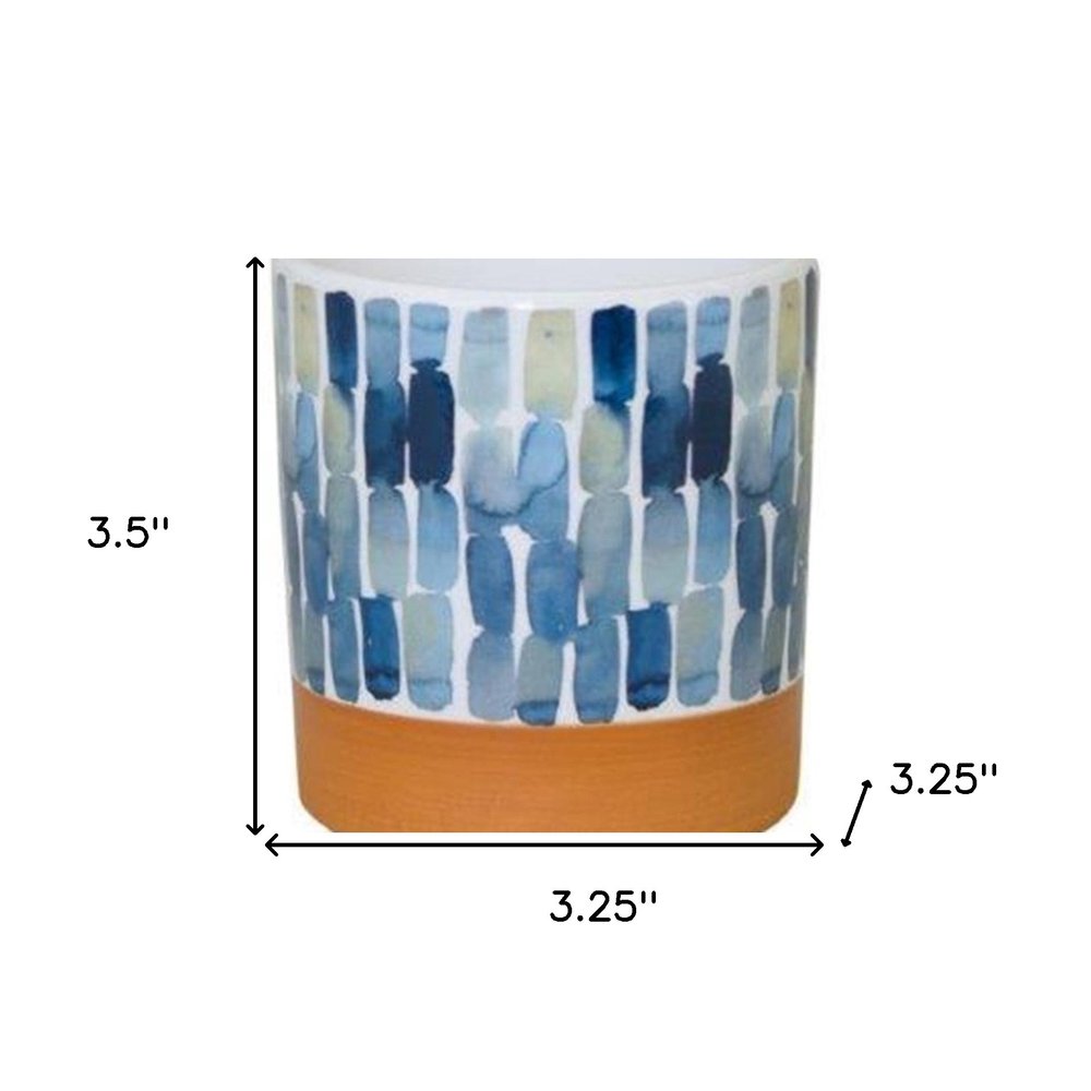 Set of Three Blue Terra Cotta And White Ceramic 1 Ounce Geometric Round Pot Planters HomeRoots