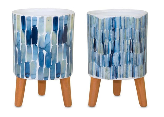 Set of Two Blue Terra Cotta And White Ceramic 2 Ounce Round Raised Pot Planters - Fluent Trends