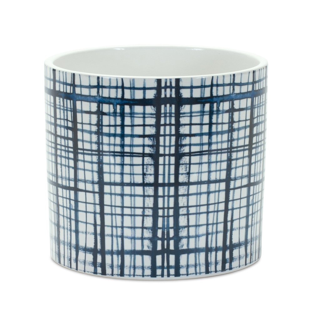 Set of Two White And Blue Ceramic Lattice 2 Ounce Round Pot Planters HomeRoots