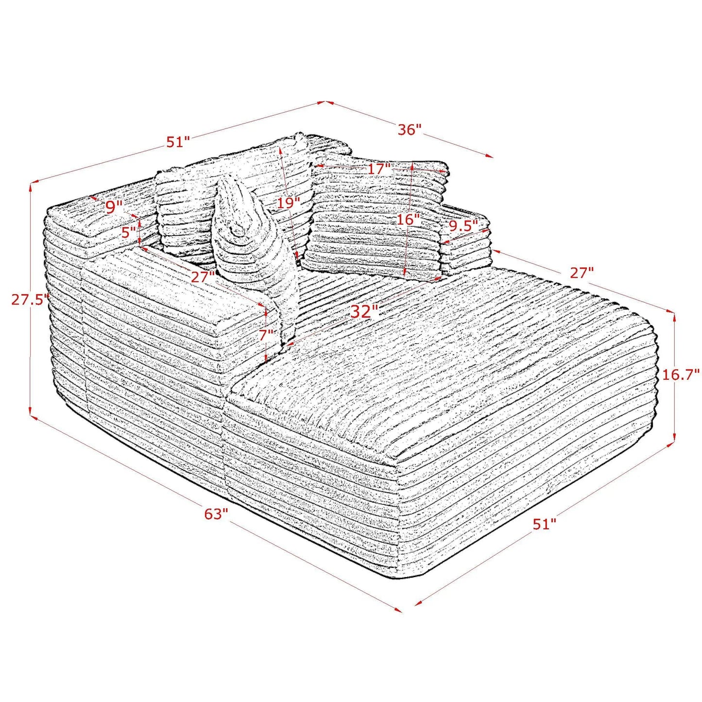 Green Corduroy Chaise Lounge Sofa Bed - Modern Foam Cloud Couch for Living Room - Fluent Trends