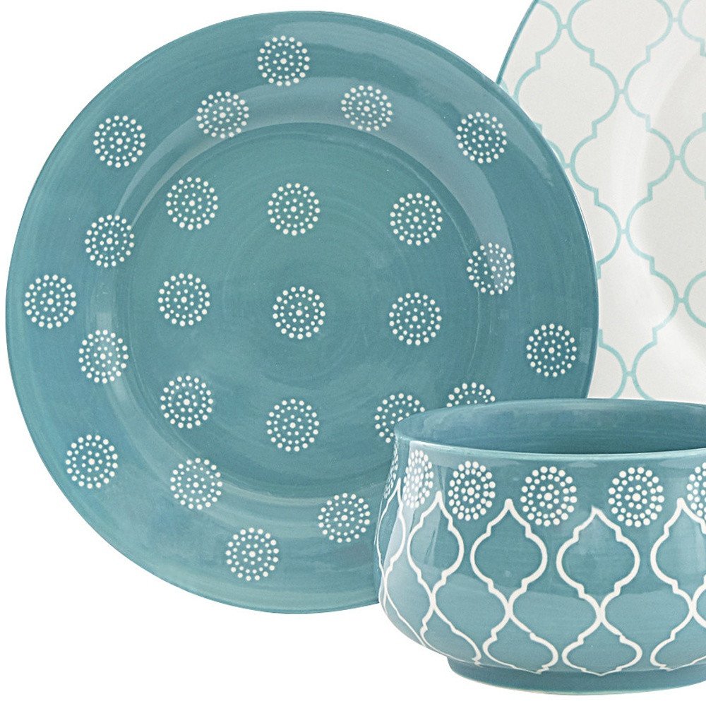 Turquoise Sixteen Piece Round Trellis Ceramic Service For Four Dinnerware Set - Fluent Trends