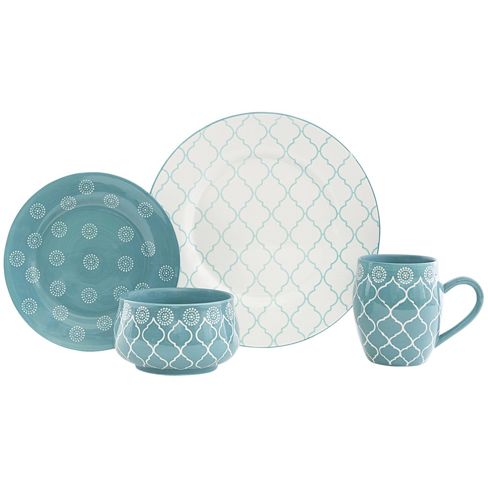 Turquoise Sixteen Piece Round Trellis Ceramic Service For Four Dinnerware Set - Fluent Trends