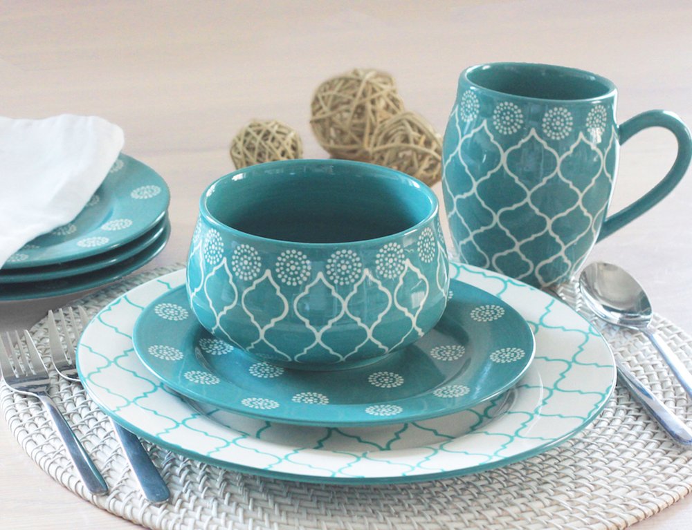 Turquoise Sixteen Piece Round Trellis Ceramic Service For Four Dinnerware Set - Fluent Trends
