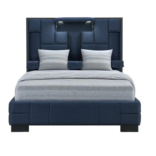 Navy Blue Upholstered Queen Tech Bed with Bluetooth