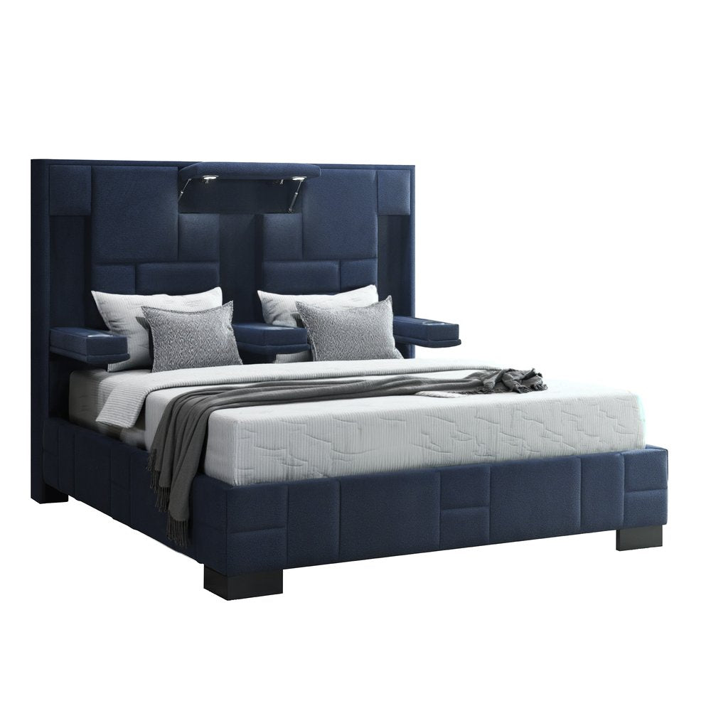 Navy Blue Upholstered Queen Tech Bed with Bluetooth