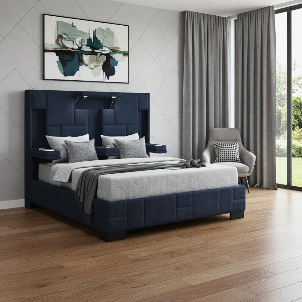 Navy Blue Upholstered Queen Tech Bed with Bluetooth