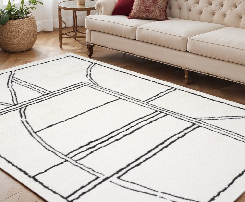 Ivory & Black Geometric Area Rug - 5' x 7' Stain Resistant Polypropylene