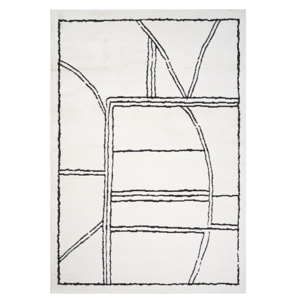 Ivory & Black Geometric Area Rug - 5' x 7' Stain Resistant Polypropylene - Fluent Trends
