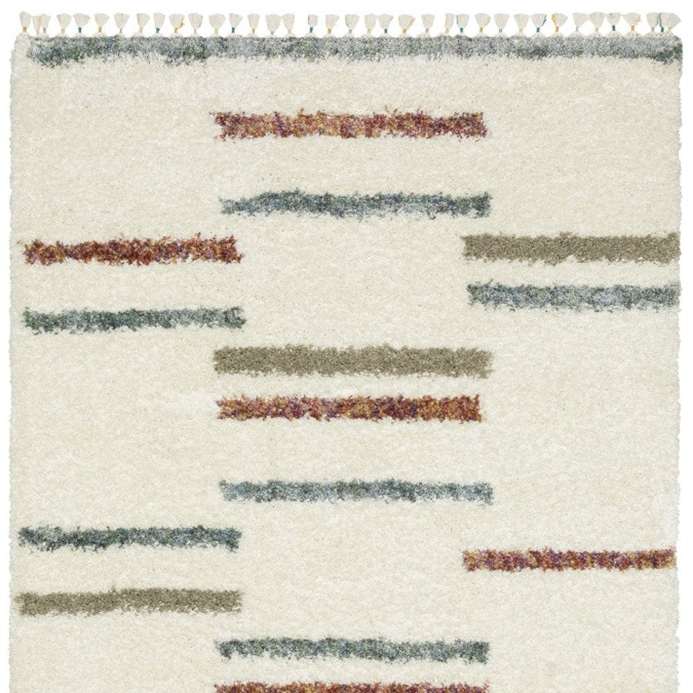 Ivory Striped Shag Rug with Fringe | Multiple Sizes
