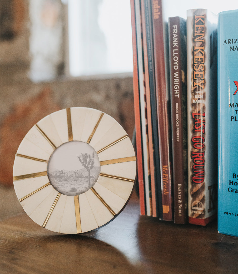 Mukhendu 3x3 Round Picture Frame - Carved Bone, Brass Accents - Fluent Trends