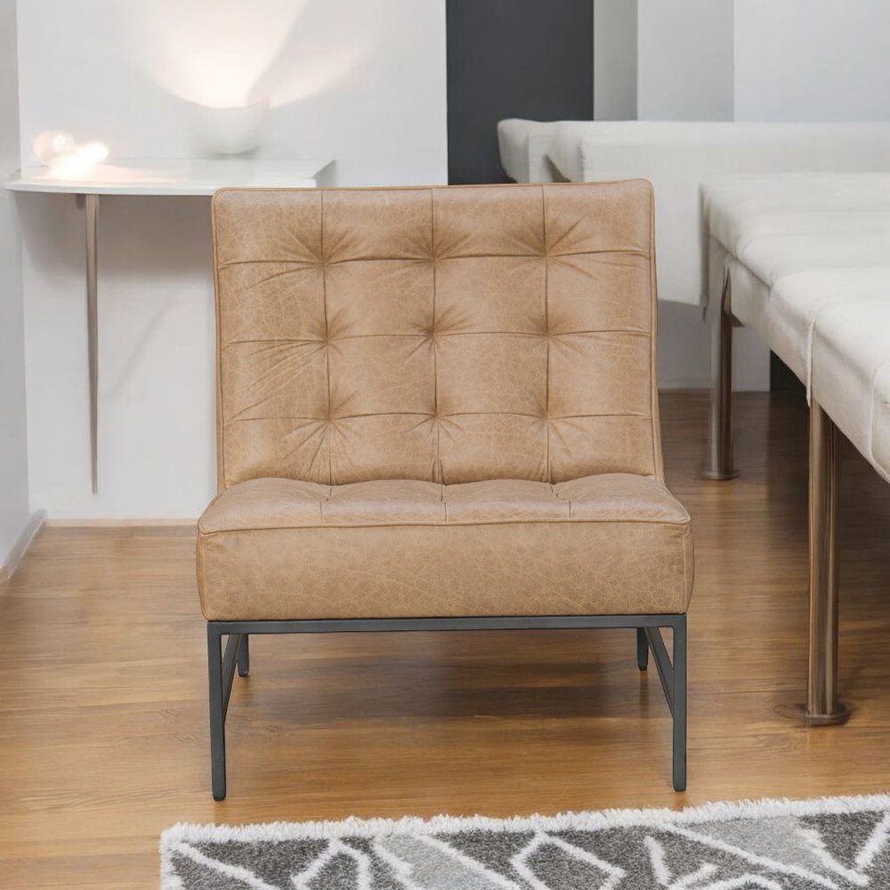 31" Cream And Black Genuine Leather Tufted Slipper Chair HomeRoots