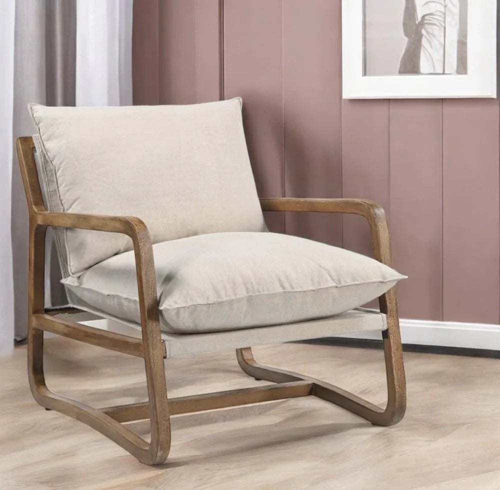 30" Beige And Natural Linen Arm Chair - Fluent Trends