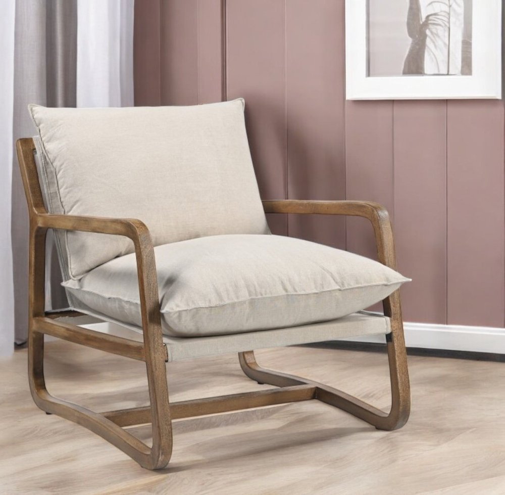 30" Beige And Natural Linen Arm Chair HomeRoots