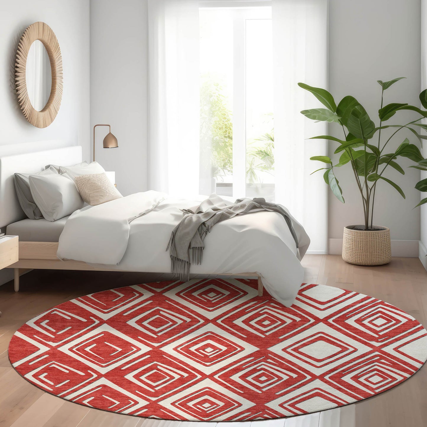 8' Red And Ivory Round Geometric Washable Indoor Outdoor Area Rug