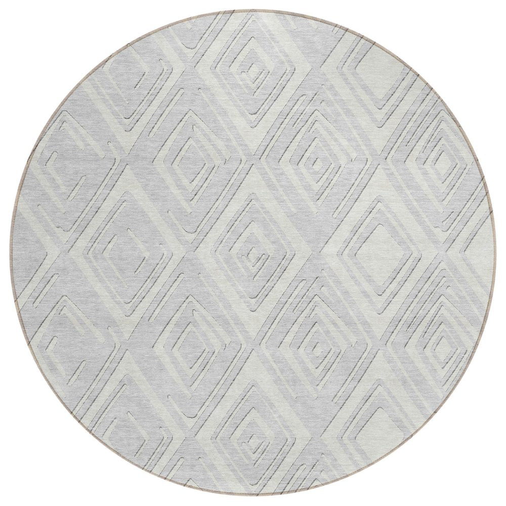 8' Silver And Ivory Round Geometric Washable Indoor Outdoor Area Rug HomeRoots