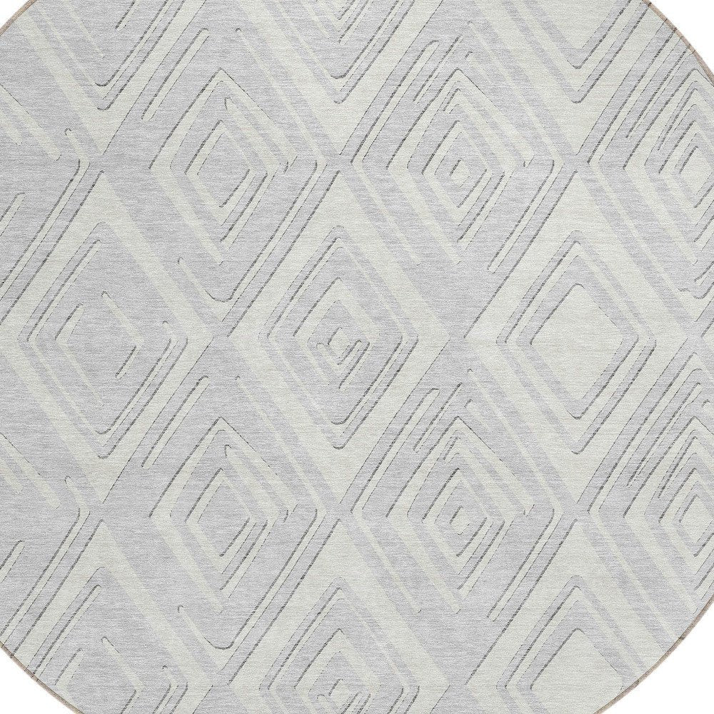 8' Silver And Ivory Round Geometric Washable Indoor Outdoor Area Rug HomeRoots