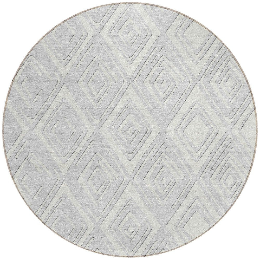 8' Silver And Ivory Round Geometric Washable Indoor Outdoor Area Rug HomeRoots