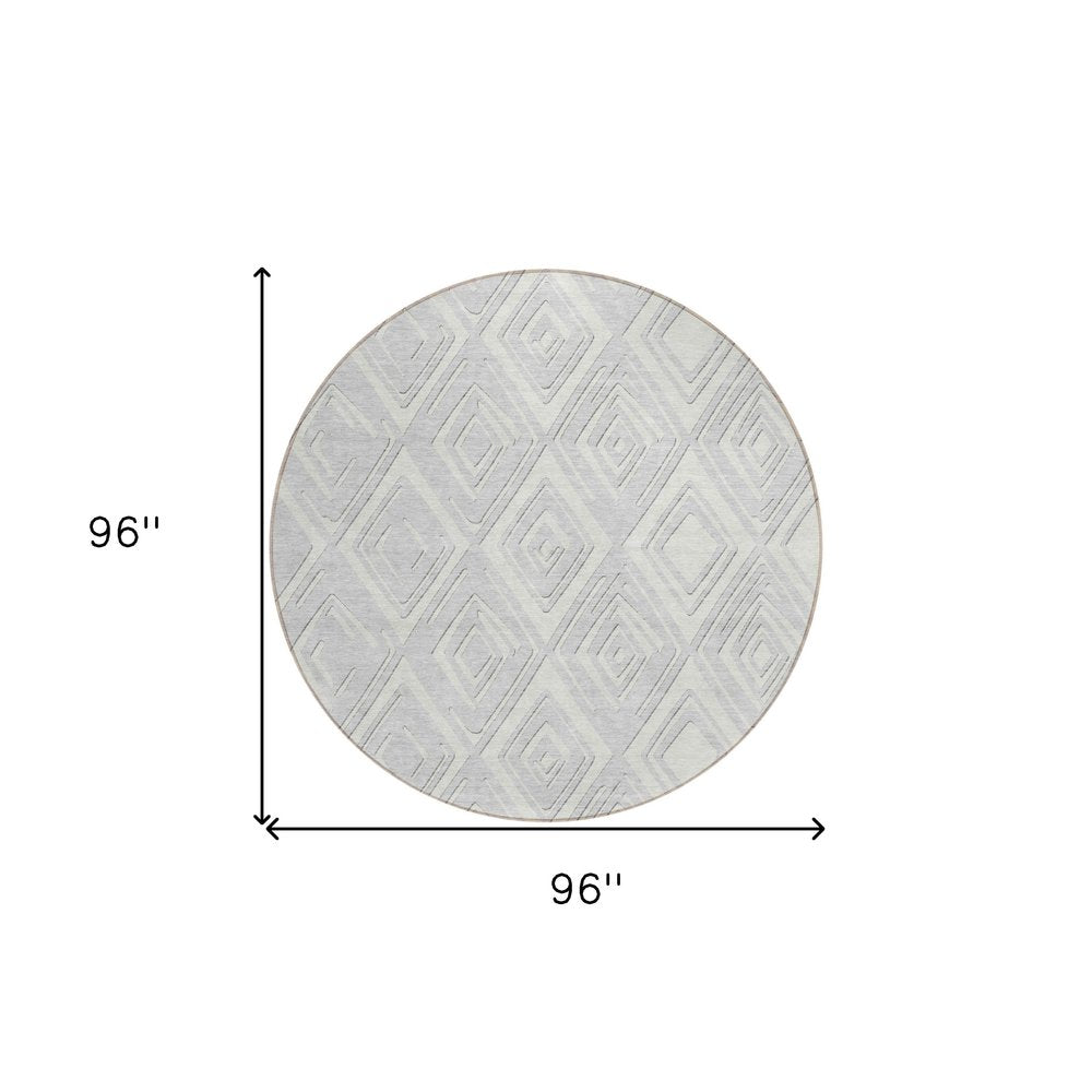 8' Silver And Ivory Round Geometric Washable Indoor Outdoor Area Rug HomeRoots