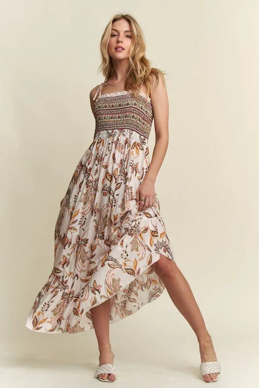 ADORA Smocked Printed Square Neck Tie Shoulder Cami Dress - Fluent Trends Maxi Dress