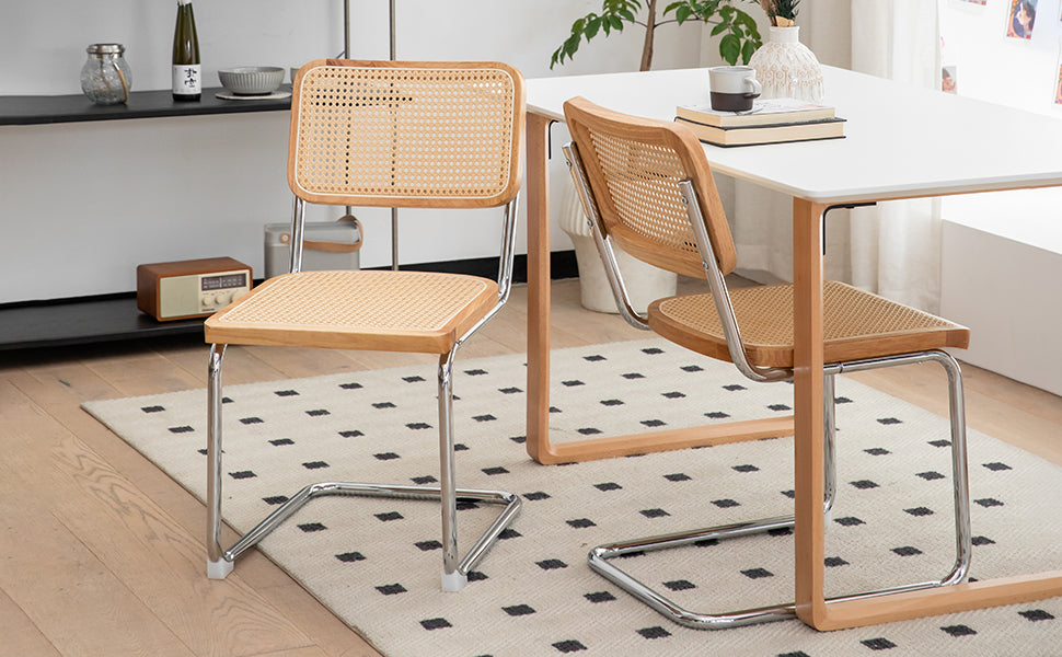 Modern-Mid Century Dining-Kitchen Chairs |Set of 2 | Velvet Rattan | Chrome Legs - Fluent Trends