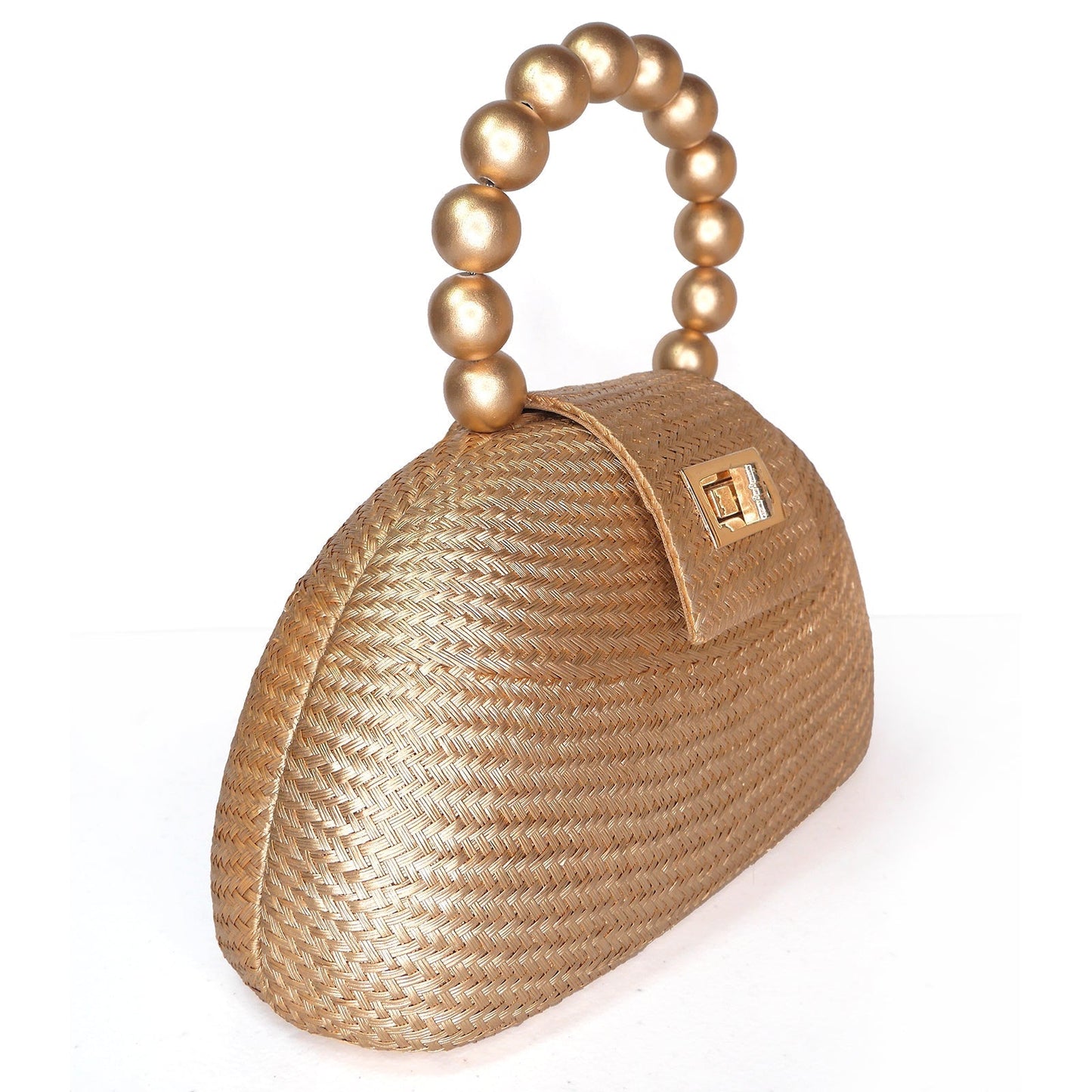 The Orla Gold Woven Straw & Wooden Bead Statement Clutch Bag - Fluent Trends