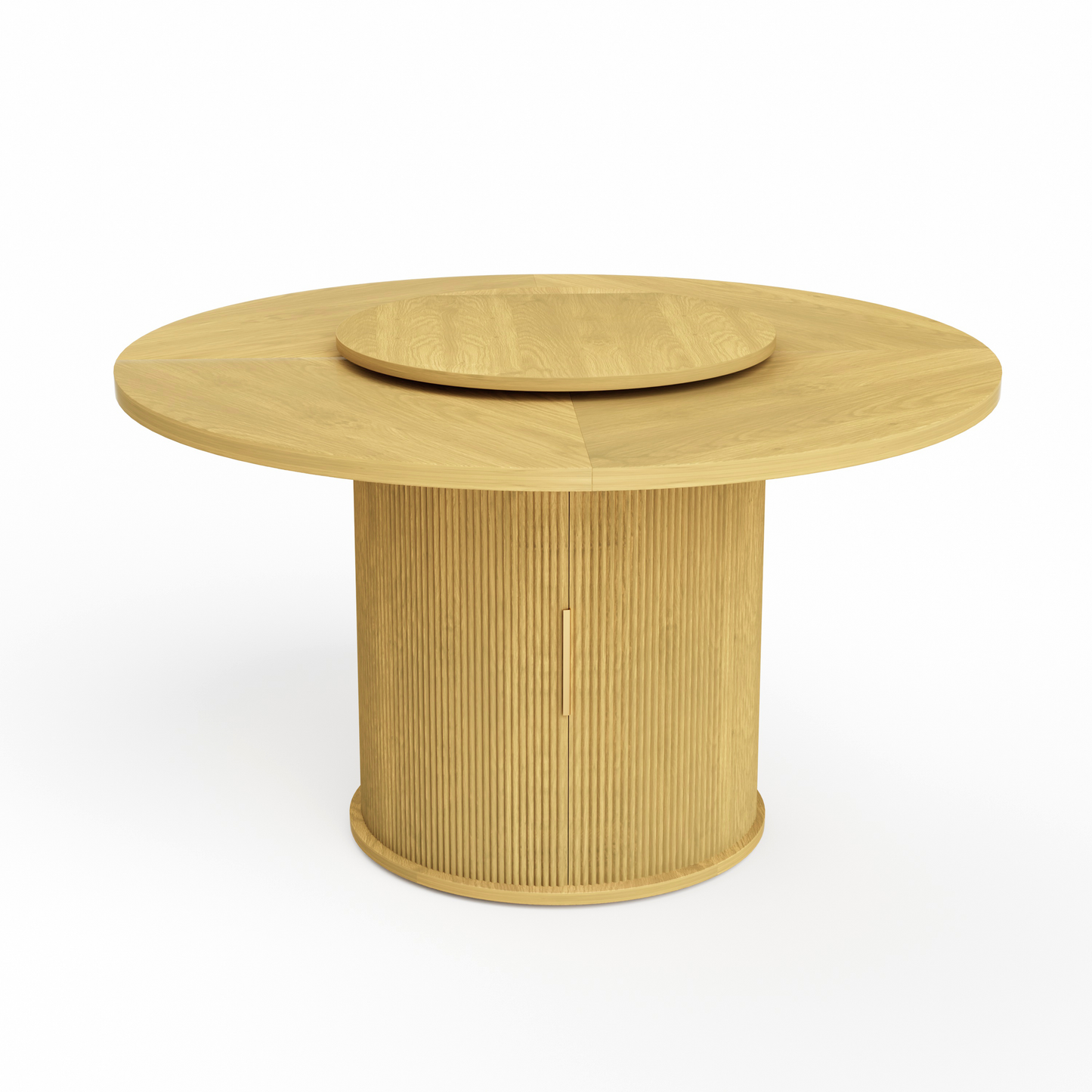 Fluent Trends 55" round dining table, natural wood, with rotating tray and fluted base storage on white background