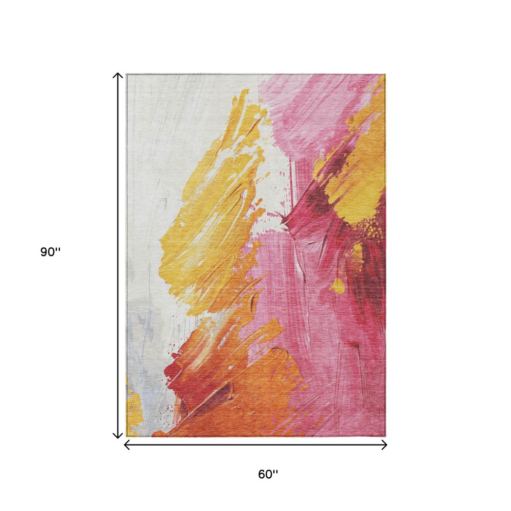 5'x8' Blush Gold Orange Abstract Washable Indoor Outdoor Area Rug - Fluent Trends