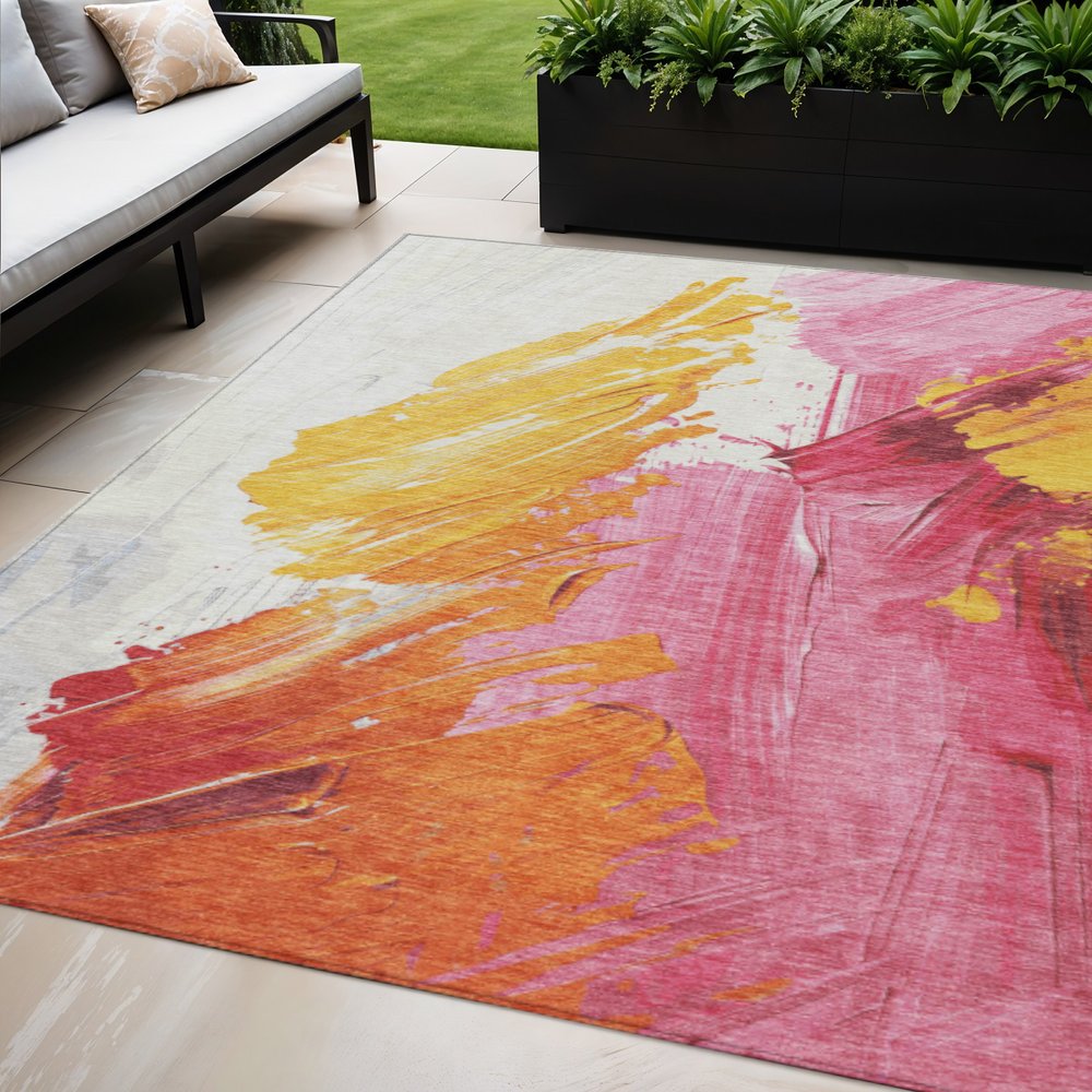 5'x8' Blush Gold Orange Abstract Washable Indoor Outdoor Area Rug - Fluent Trends