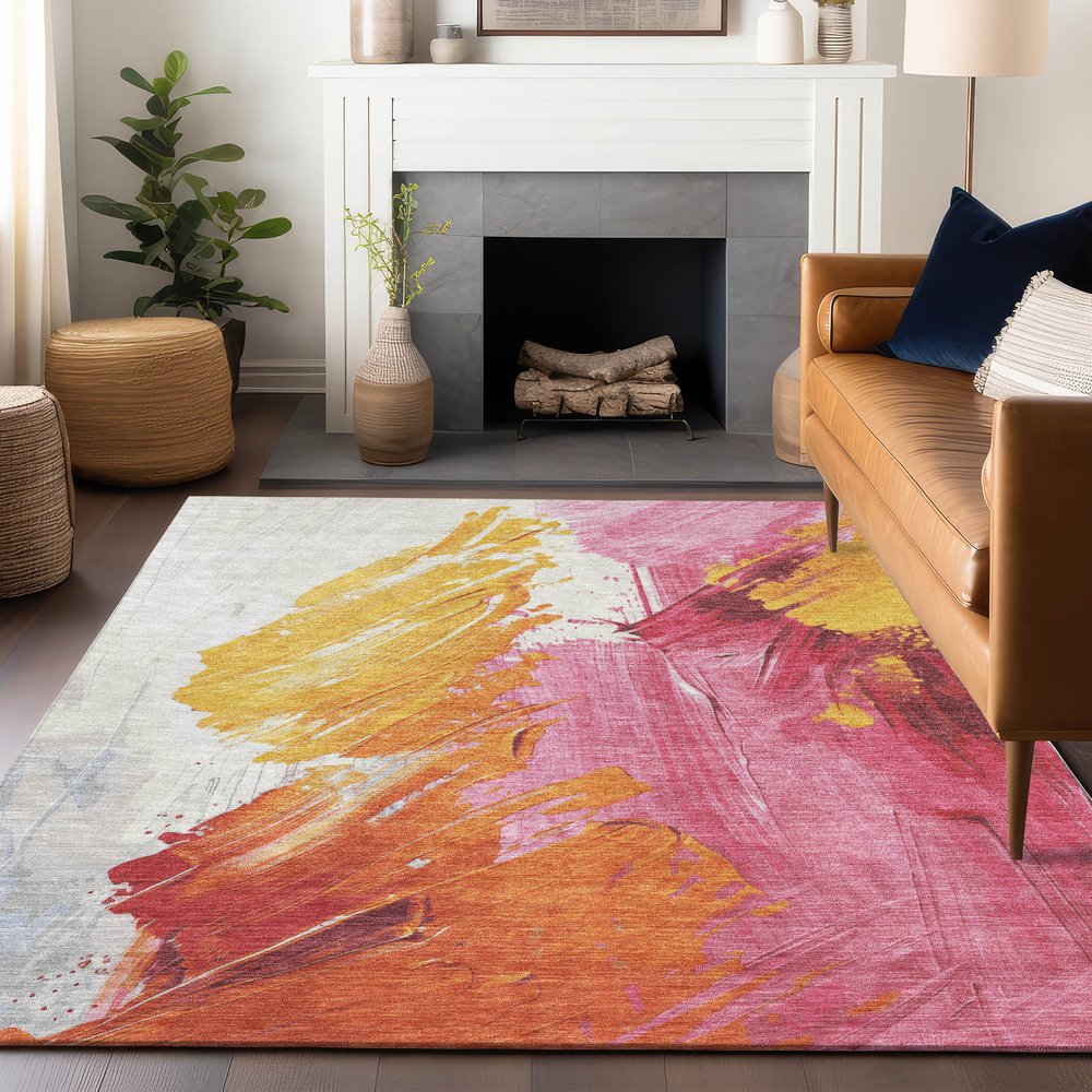 5'x8' Blush Gold Orange Abstract Washable Indoor Outdoor Area Rug - Fluent Trends