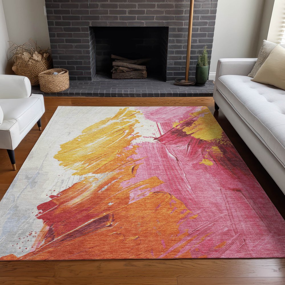5'x8' Blush Gold Orange Abstract Washable Indoor Outdoor Area Rug - Fluent Trends