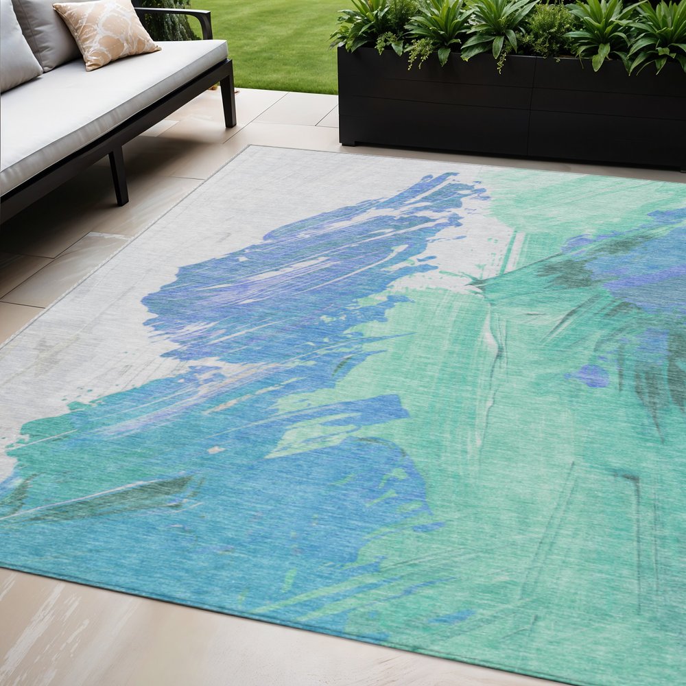 5'x8' Pale Aqua Mint Green Ivory Abstract Washable Indoor Outdoor Area Rug - Stain Resistant, Durable Polyester - Fluent Trends