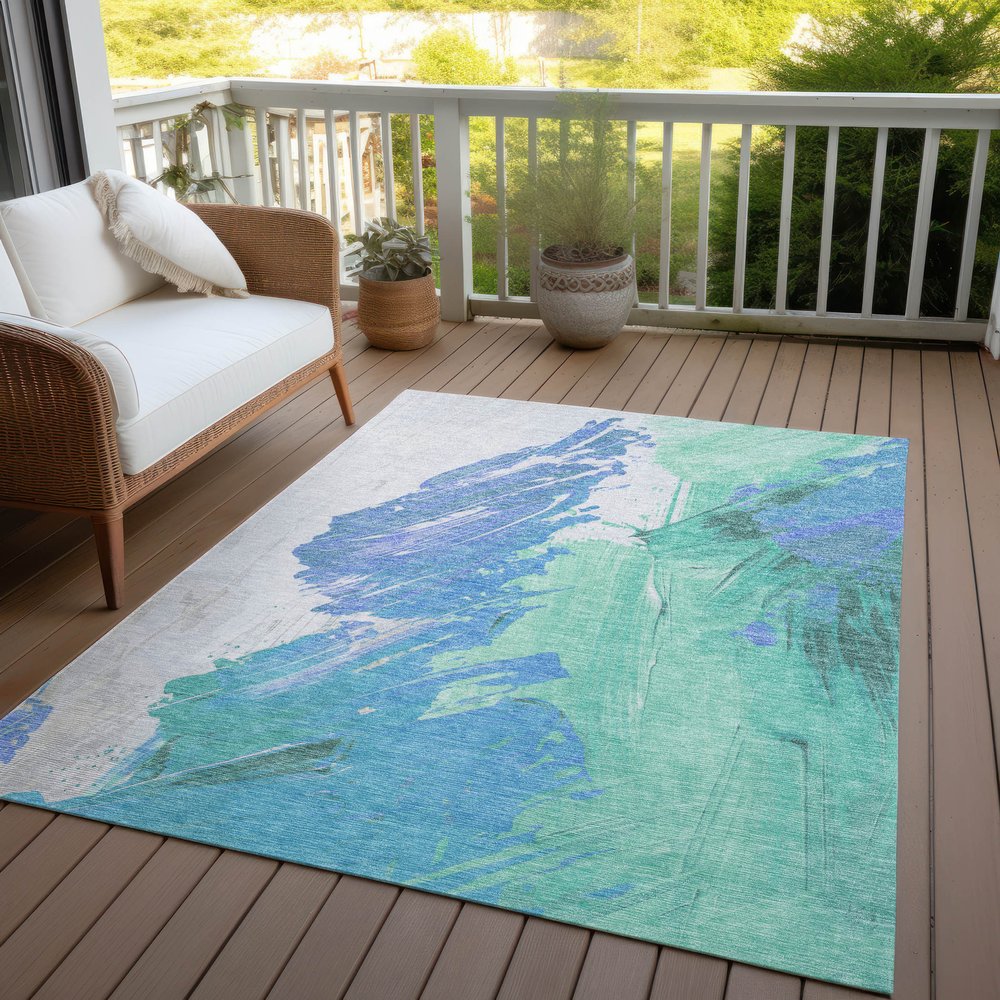 5'x8' Pale Aqua Mint Green Ivory Abstract Washable Indoor Outdoor Area Rug - Stain Resistant, Durable Polyester - Fluent Trends