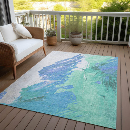 5'x8' Pale Aqua Mint Green Ivory Abstract Washable Indoor Outdoor Area Rug - Stain Resistant, Durable Polyester - Fluent Trends