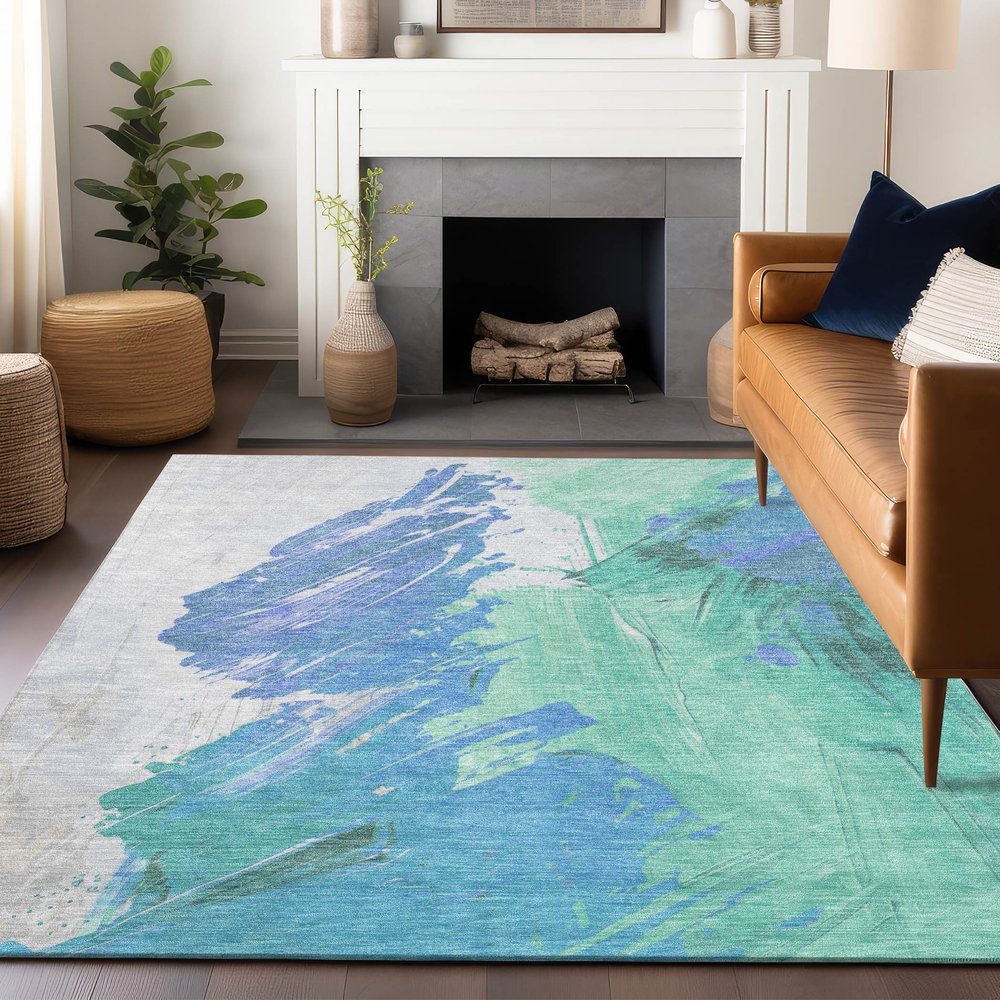 5'x8' Pale Aqua Mint Green Ivory Abstract Washable Indoor Outdoor Area Rug - Stain Resistant, Durable Polyester - Fluent Trends