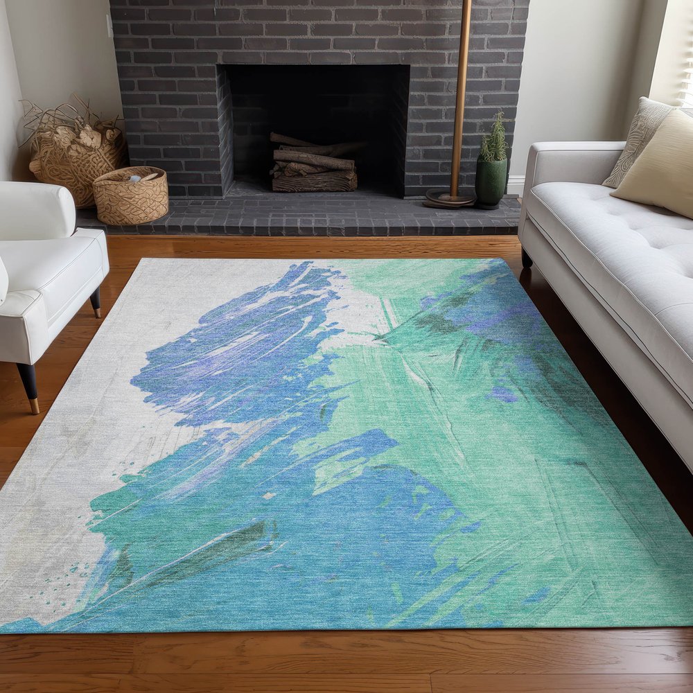 5'x8' Pale Aqua Mint Green Ivory Abstract Washable Indoor Outdoor Area Rug - Stain Resistant, Durable Polyester - Fluent Trends