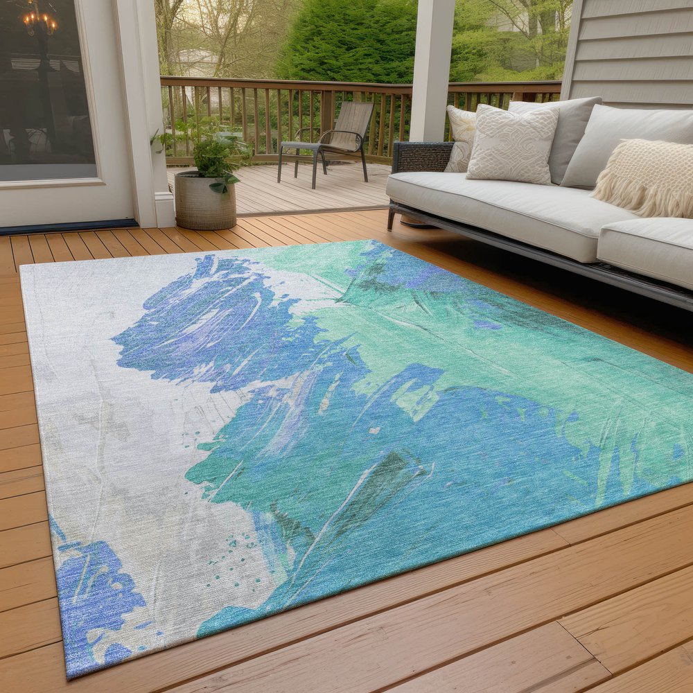5'x8' Pale Aqua Mint Green Ivory Abstract Washable Indoor Outdoor Area Rug - Stain Resistant, Durable Polyester - Fluent Trends