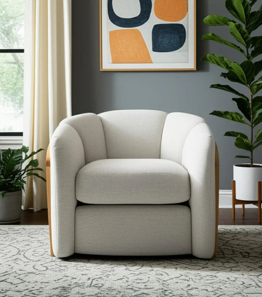 34" Off White and Natural Fabric Wood And Rattan Swivel Arm Chair - Fluent Trends Accent Chairs