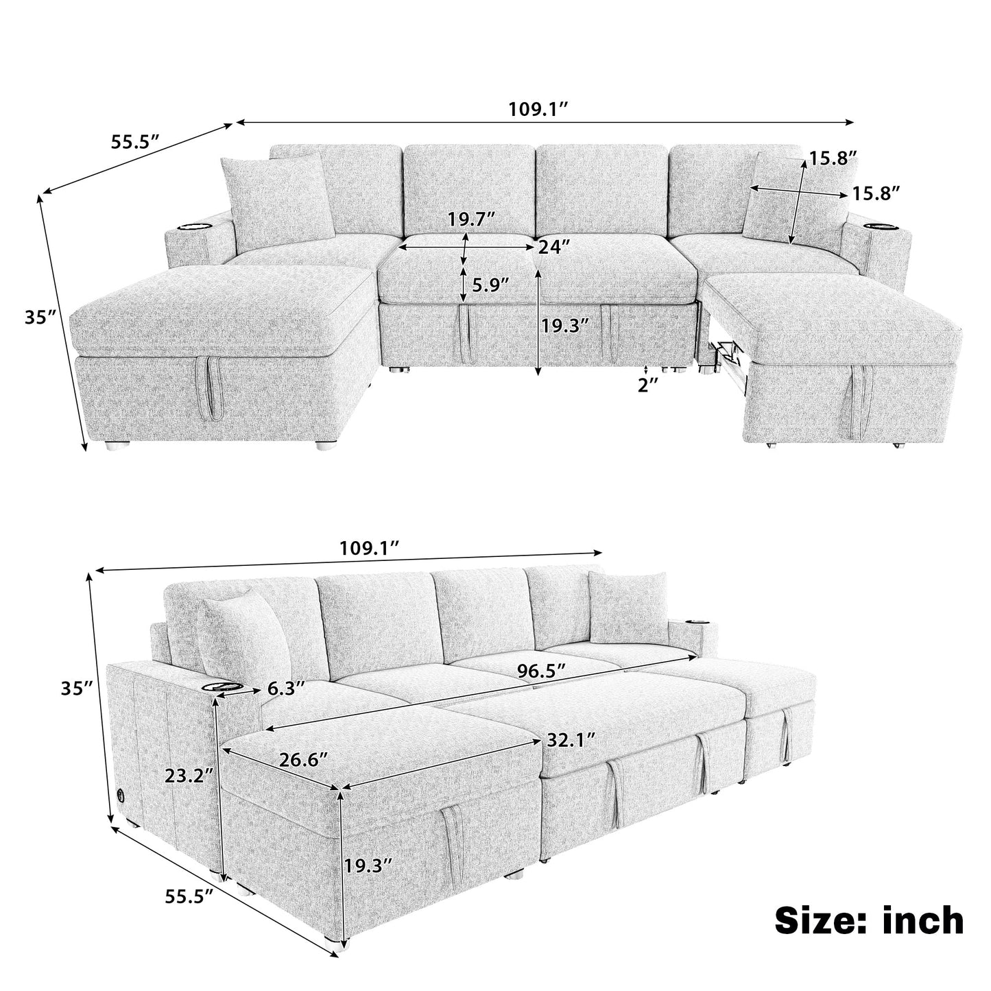 109.1' Sectional Sofa Convertible Pull-out Sofa Bed with Storage Ottoman Streamdale Furniture