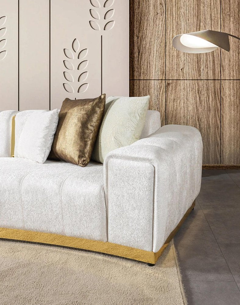 Gold And White Velvet Curved Three Piece Sectional With Toss Pillows HomeRoots