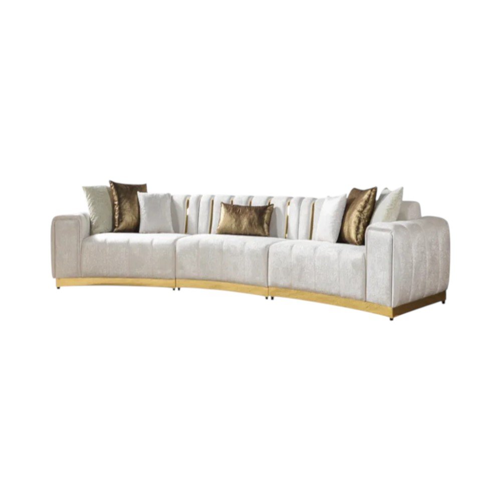 Gold And White Velvet Curved Three Piece Sectional With Toss Pillows HomeRoots