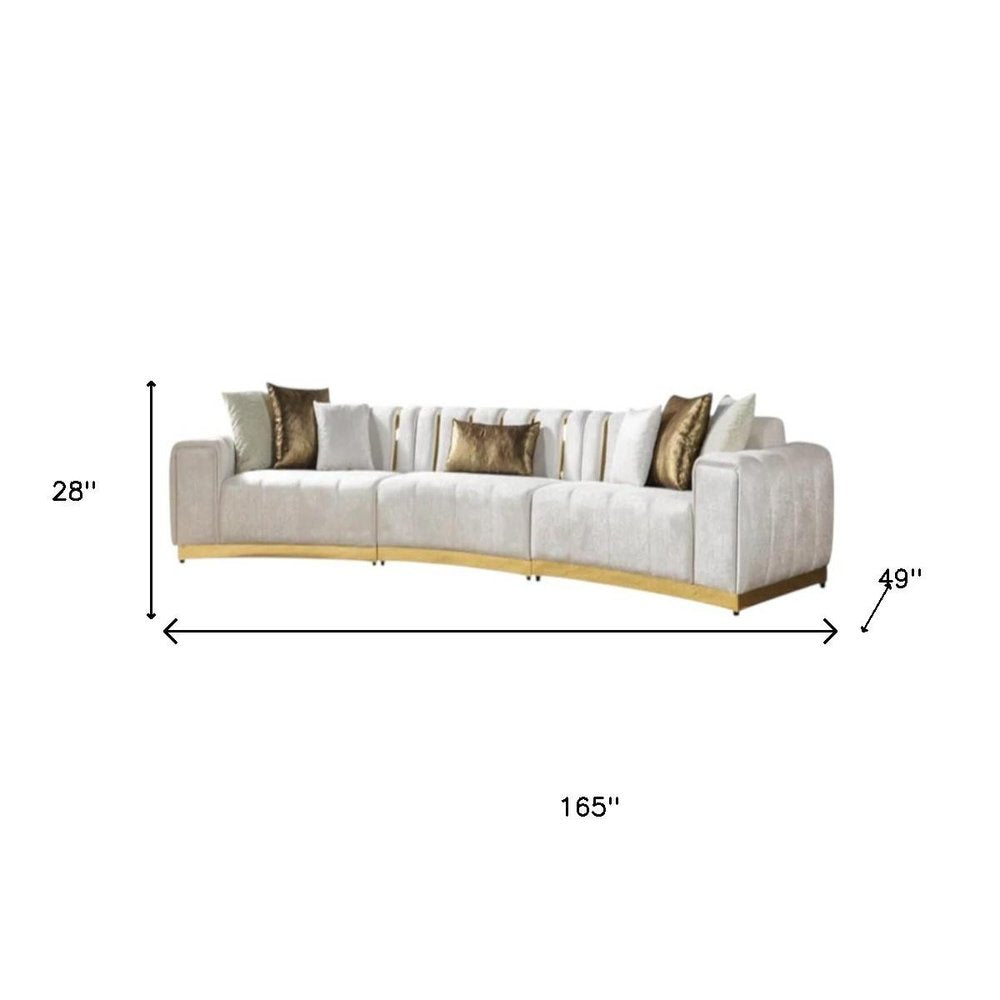 Gold And White Velvet Curved Three Piece Sectional With Toss Pillows HomeRoots