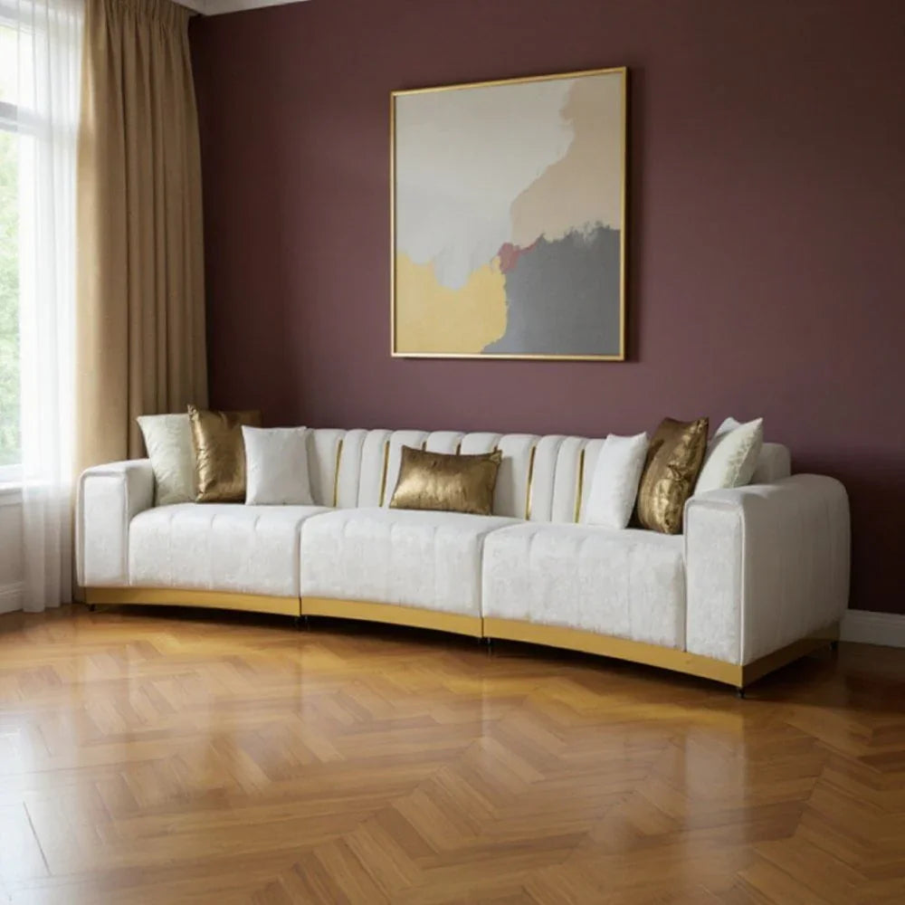 Gold And White Velvet Curved Three Piece Sectional With Toss Pillows - Fluent Trends