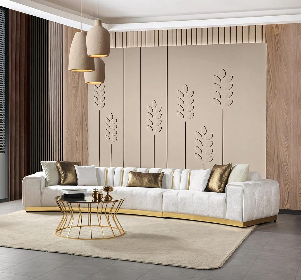 Gold And White Velvet Curved Three Piece Sectional With Toss Pillows HomeRoots