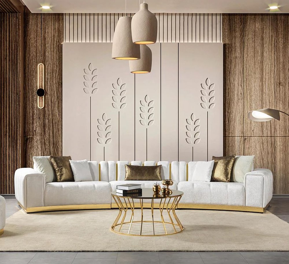 Gold And White Velvet Curved Three Piece Sectional With Toss Pillows HomeRoots