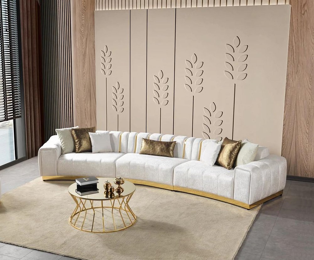 Gold And White Velvet Curved Three Piece Sectional With Toss Pillows HomeRoots