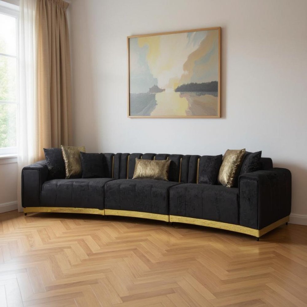 Black Velvet Curved Three Piece Sectional With Toss Pillows HomeRoots