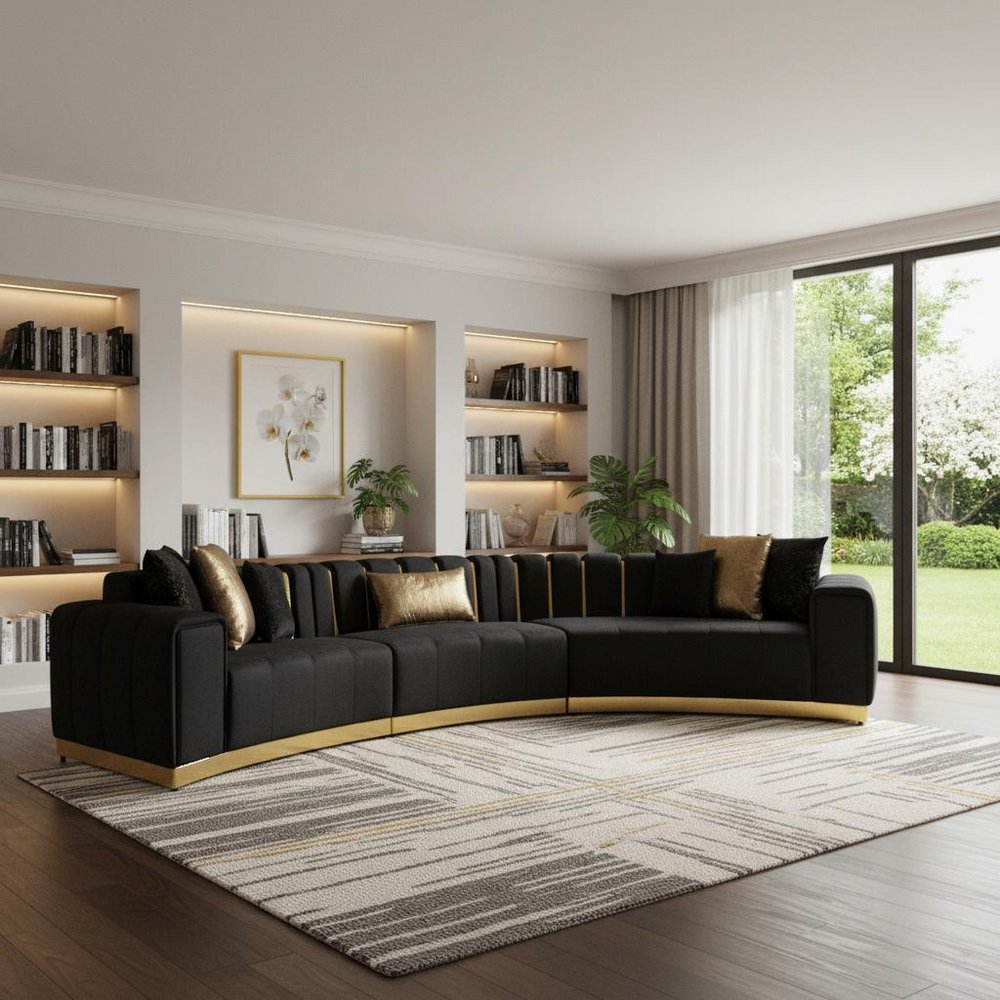 Black Velvet Curved Three Piece Sectional With Toss Pillows