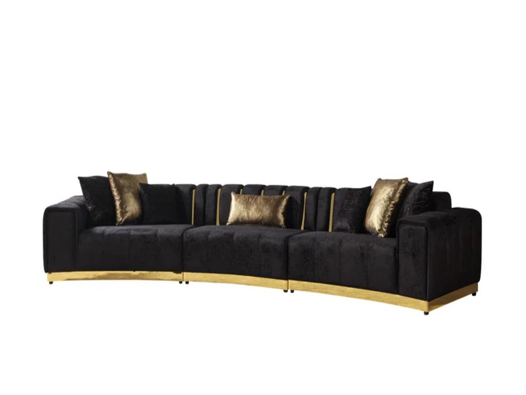 Black Velvet Curved Three Piece Sectional With Toss Pillows HomeRoots