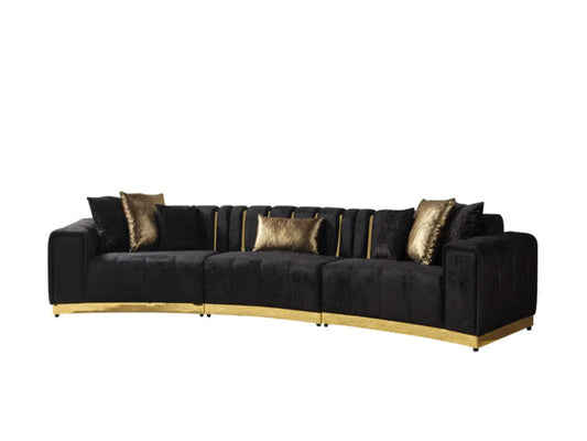 Black Velvet Curved Three Piece Sectional With Toss Pillows - Fluent Trends